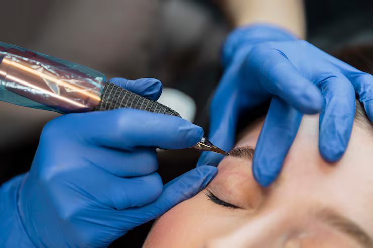 Procedimento de micropigmentação de sobrancelha sendo realizado com dermógrafo e luvas descartáveis