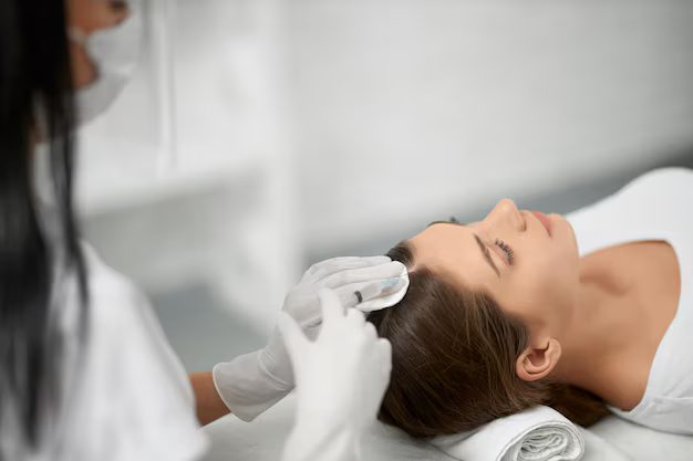 Profissional aplicando tratamento no couro cabeludo de uma cliente durante sessão de terapia capilar